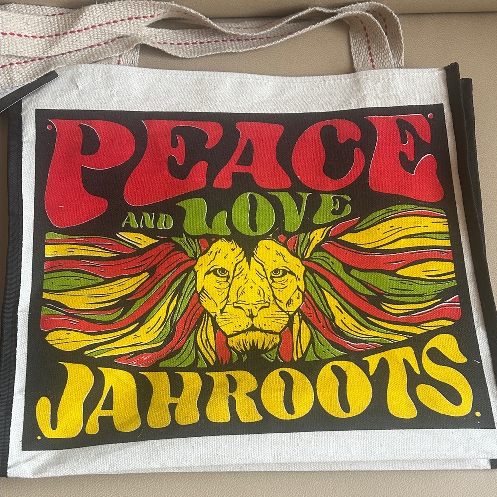 Roots White Canvas Tote with Red, Yellow and Green Peace & Love Graphic - Picture 4 of 6